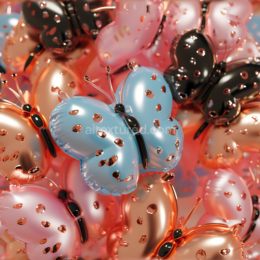 Preview — Seamless 3D Inflated PBR Texture with Metallic Butterfly Balloons in Blue, Pink, Black, and Copper