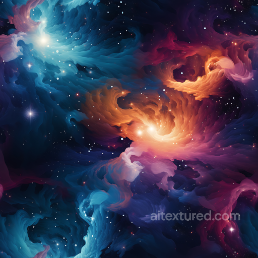 Space PBR Texture Featuring Swirling Nebula Clouds in Vibrant Blues and Oranges seamless Star, space, planets PBR texture