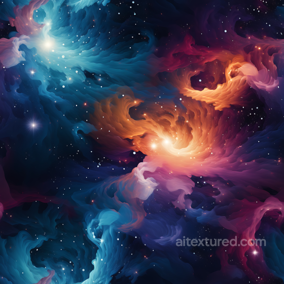 Space PBR Texture Featuring Swirling Nebula Clouds in Vibrant Blues and Oranges Star, space, planets texture preview