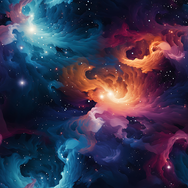 Space Featuring Swirling Nebula Clouds in Vibrant Blues and Oranges seamless PBR texture preview