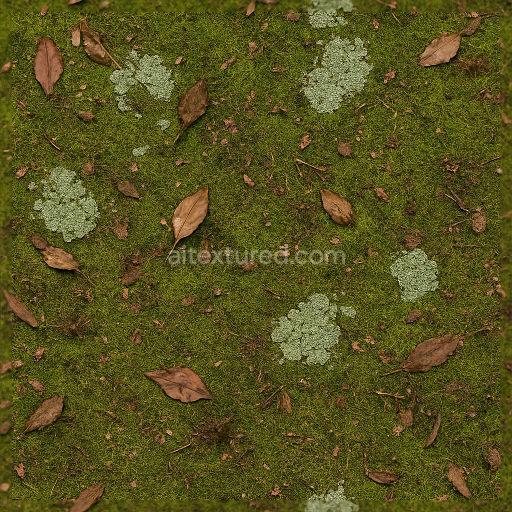 Seamless 3d texture pbr 8k of mossy ground with lichen crust and organic debris