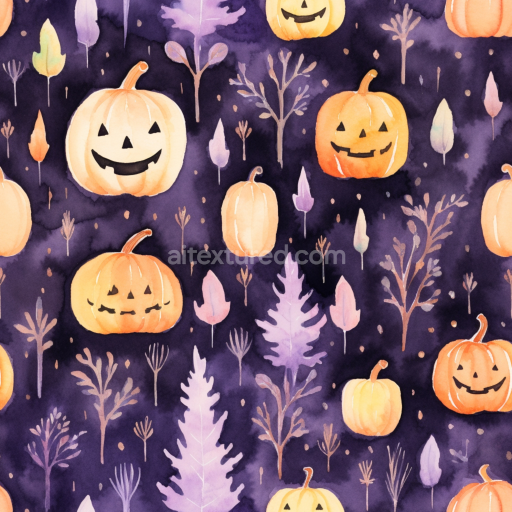 Seamless 3D PBR Texture with Watercolor Halloween Pumpkins and Leaves