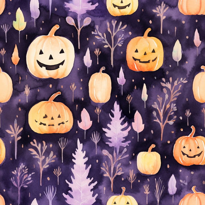 with Watercolor Halloween Pumpkins and Leaves seamless PBR texture preview