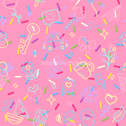 Seamless 3D PBR Texture with Pastel Colored Baby Girl Doodle Icons on Pink
