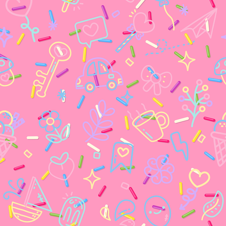 with Pastel Colored Baby Girl Doodle Icons on Pink seamless PBR texture preview