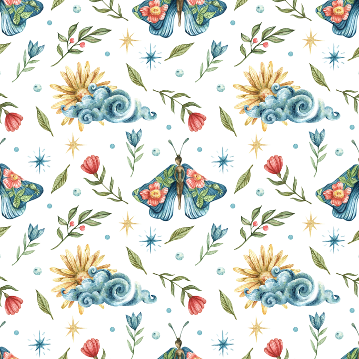 Watercolor Pattern with Colorful Butterflies & Floral Motifs seamless PBR texture preview