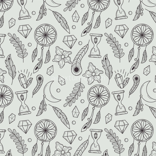 Seamless 3D PBR Texture with Black Hand-Drawn Dreamcatcher and Leaf Pattern on White Background