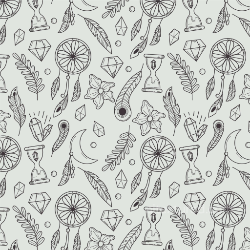 with Black Hand-Drawn Dreamcatcher and Leaf Pattern on White Background seamless White & Black PBR texture