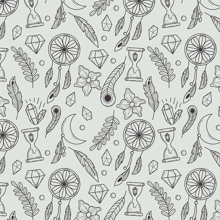 with Black Hand-Drawn Dreamcatcher and Leaf Pattern on White Background seamless PBR texture preview