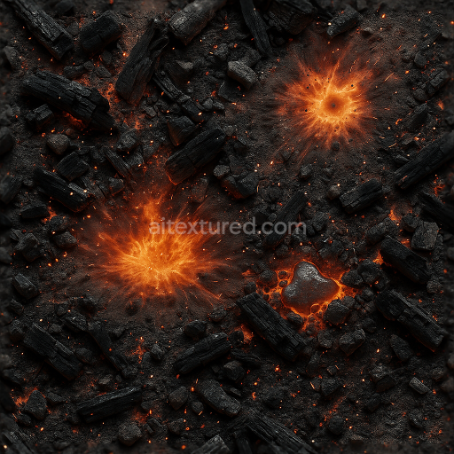 Seamless 8k PBR 3d texture showing burning rubble and charred wood with molten metal highlights
