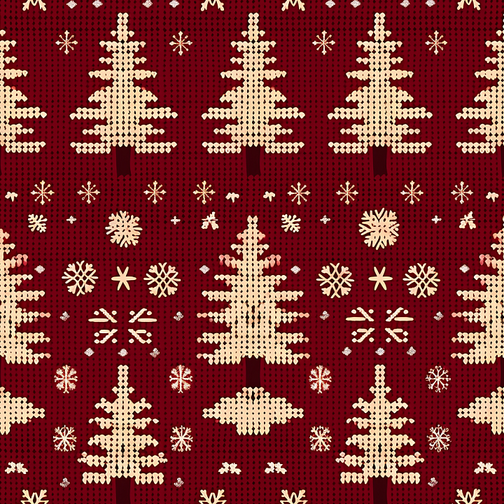 Christmas Knit Pattern with Red Background and Beige Trees seamless PBR texture preview