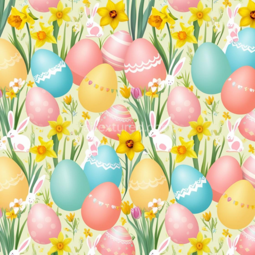 Seamless 3D PBR Texture Featuring Pastel Easter Eggs, Daffodils & Cute Bunnies