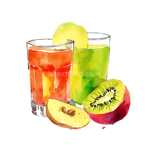 Breakfast Juice Glasses with Kiwi and Apple Watercolor Illustration