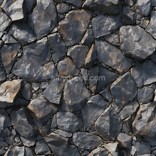 Seamless 3D PBR Texture of Dark Slate Rocky Ground with Irregular Stones and Subtle Rust Tones