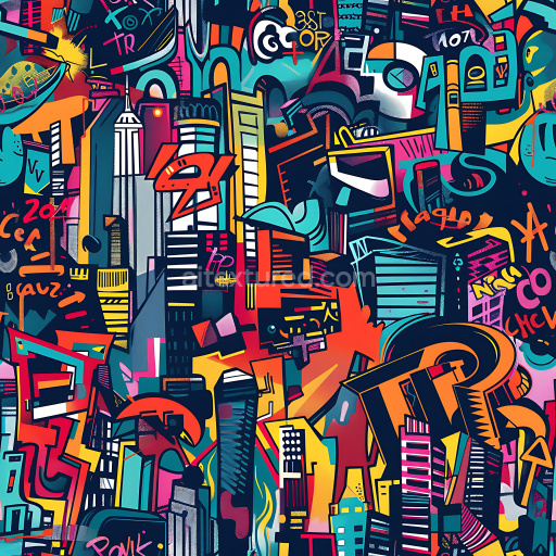Seamless 3D PBR Texture Featuring Colorful Urban Graffiti Cityscape