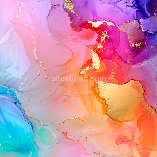 Seamless 3D Alcohol Ink PBR Texture Featuring Vibrant Multicolor Swirls and Gold Veins