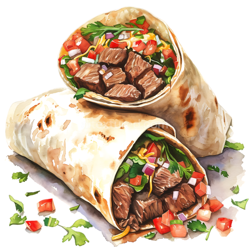 Breakfast Steak Beef Burrito Illustration with Fresh Vegetables and Greens