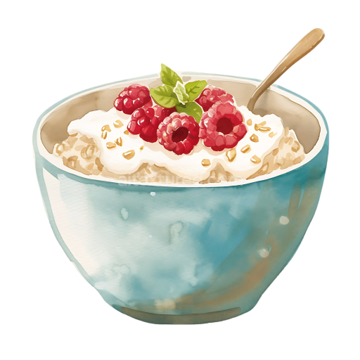Breakfast Gluten-Free Oatmeal Bowl with Raspberries and Mint in Blue Ceramic