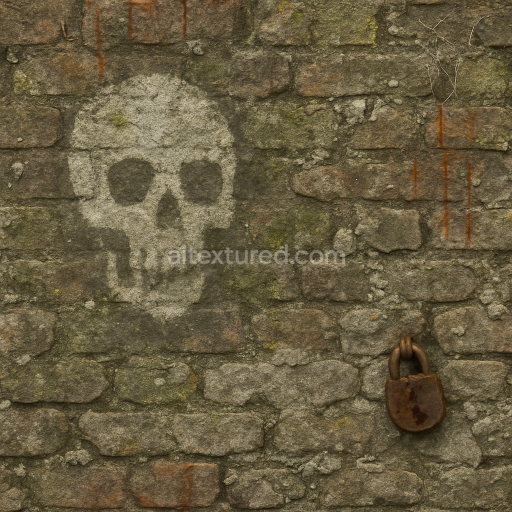 Seamless 3d texture pbr 8k spooky graffiti on weathered bricks with rust stains and mold