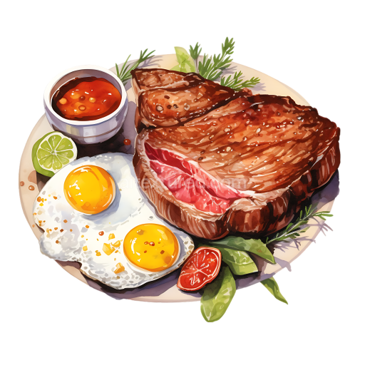 Breakfast Ribeye Beef Steak with Sunny-Side Eggs and Sauce PNG