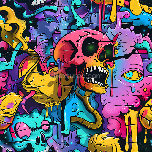 Seamless 3D PBR Texture of Vibrant Graffiti Featuring Colorful Skulls and Urban Street Art