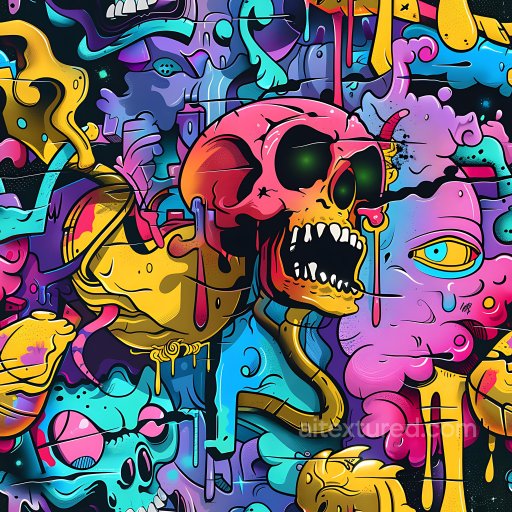 Seamless 3D PBR Texture of Vibrant Graffiti Featuring Colorful Skulls and Urban Street Art texture preview
