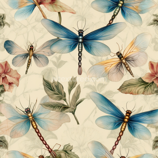 Seamless 3D PBR Texture Featuring Vintage Dragonfly and Botanical Illustrations
