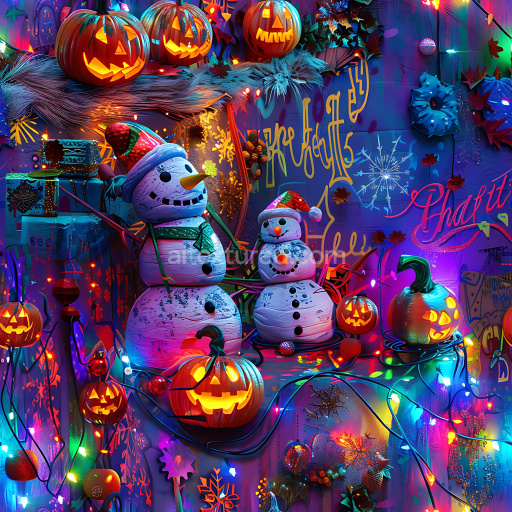 Seamless 3D PBR Halloween graffiti texture featuring glowing pumpkins and vibrant street art