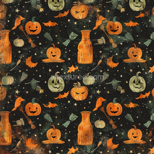Seamless 3D PBR Texture of Vintage Halloween Fabric Featuring Pumpkins and Bats
