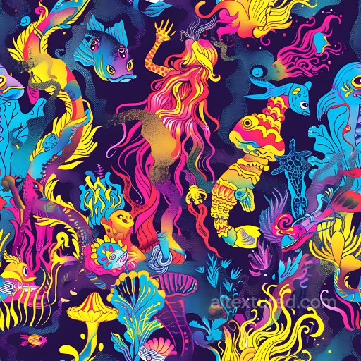 Seamless 3D PBR Graffiti Texture Featuring Neon Colored Marine Creatures texture preview