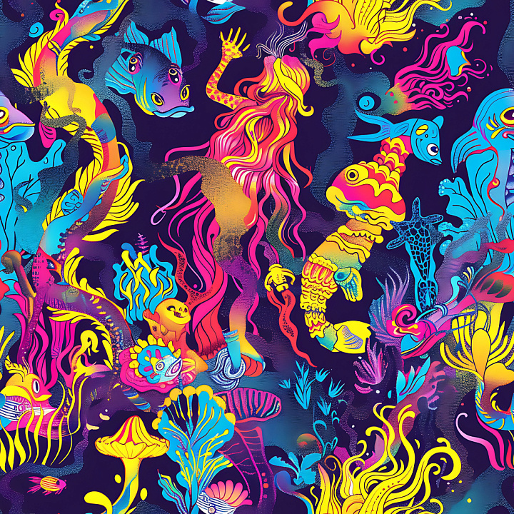 Graffiti Featuring Neon Colored Marine Creatures seamless PBR texture preview