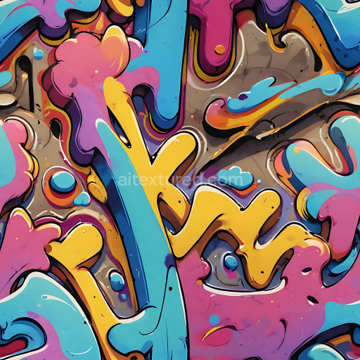 Seamless 3D PBR Texture of Colorful Layered Graffiti Art with Vibrant Blue, Yellow, and Pink