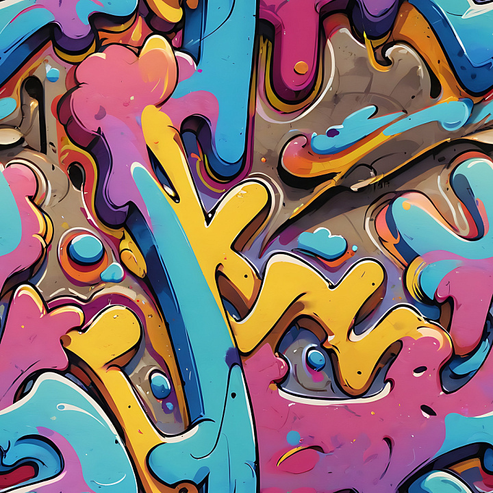 Colorful Layered Graffiti Art with Vibrant Blue, Yellow, and Pink seamless PBR texture preview