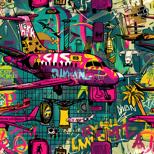 Seamless 3D PBR Texture Featuring Vibrant Airplane Graffiti with Urban Tagging