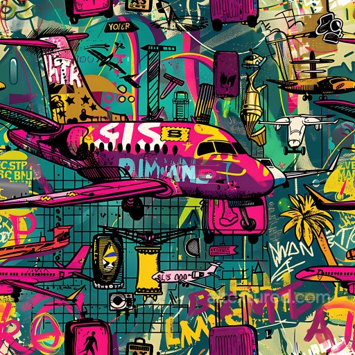 Seamless 3D PBR Texture Featuring Vibrant Airplane Graffiti with Urban Tagging texture preview