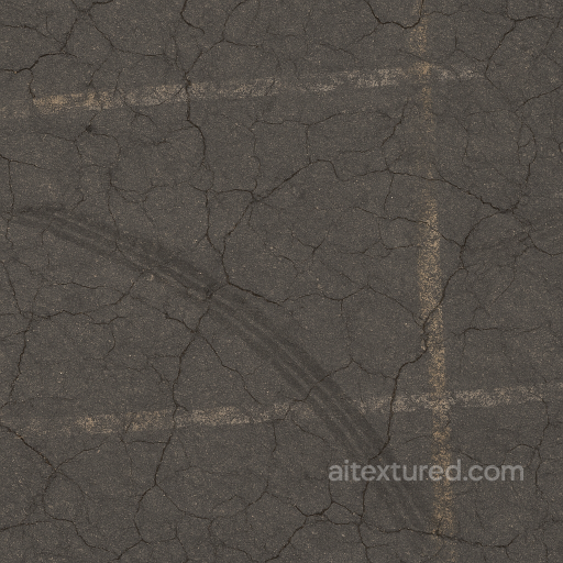 Asphalt Cracked Dark Asphalt With Tire Marks And Paint Markings seamless Park pavement PBR texture