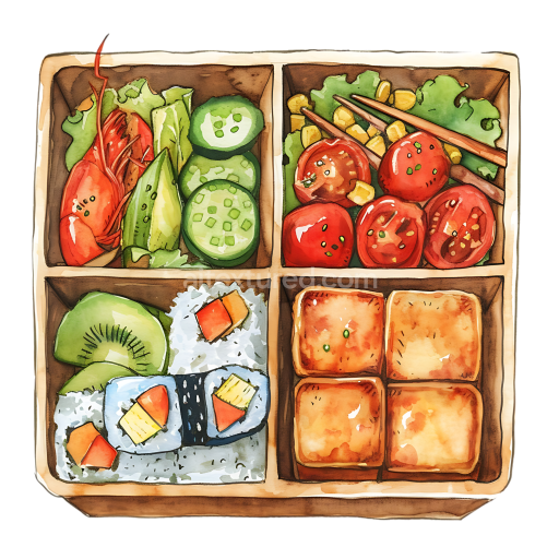 Watercolor Bento Box Breakfast Graphic Featuring Sushi, Vegetables, and Tofu