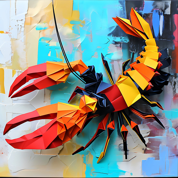 Animal of Origami-Style Crayfish in Vibrant Red and Yellow seamless PBR texture preview