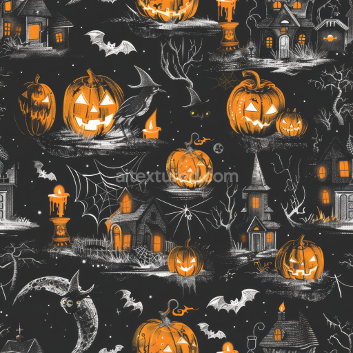 Seamless 3D PBR Vintage Halloween Texture Featuring Jack-o'-Lanterns & Haunted Houses