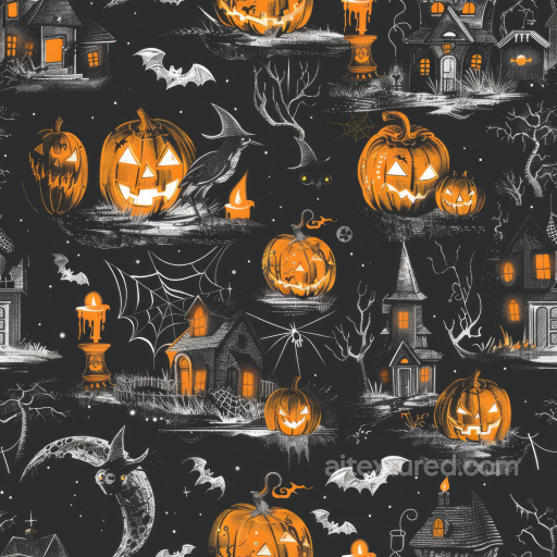 Vintage Halloween Texture Featuring Jack-o'-Lanterns & Haunted Houses seamless Vintage Halloween PBR texture