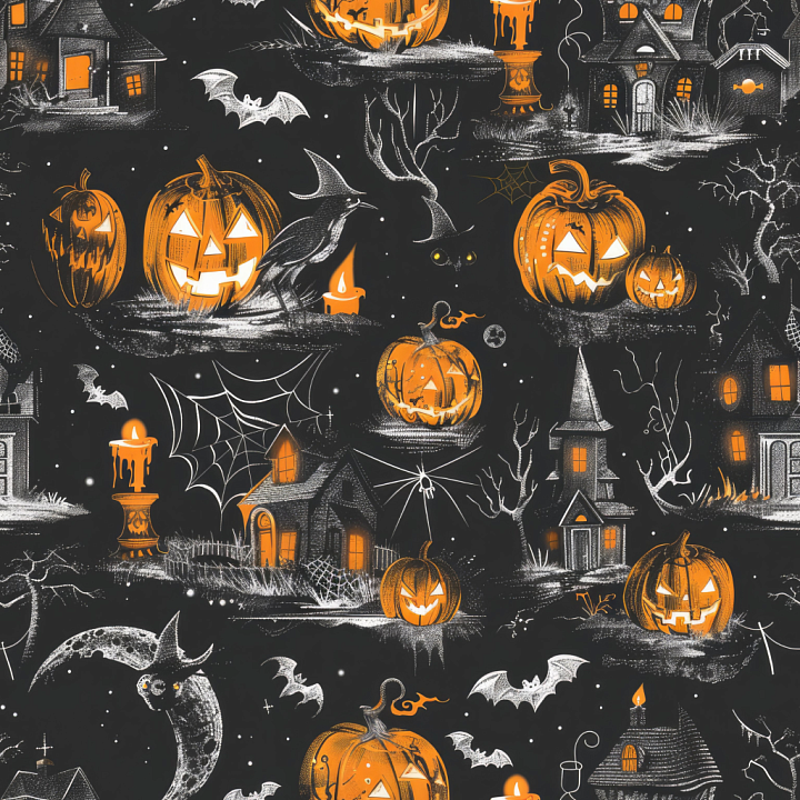 Vintage Halloween Featuring Jack-o'-Lanterns & Haunted Houses seamless PBR texture preview