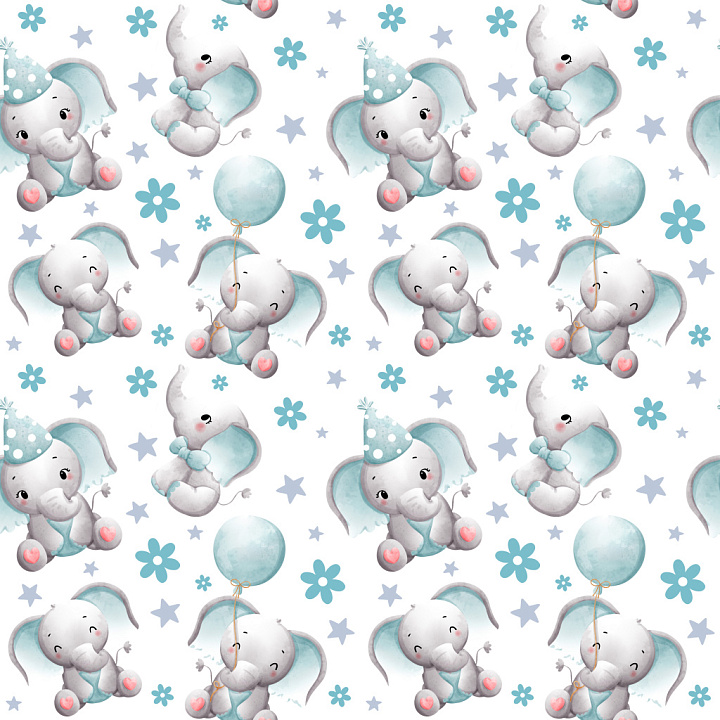 Pattern With Playful Baby Elephants And Pastel Floral Motifs seamless PBR texture preview