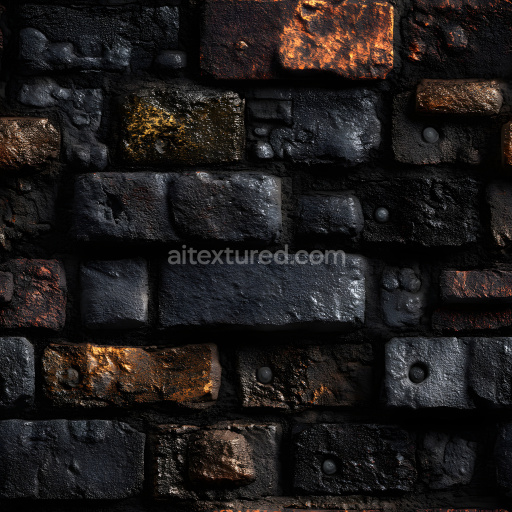 Seamless 3D cracked burnt brick wall PBR texture with charred rough surface