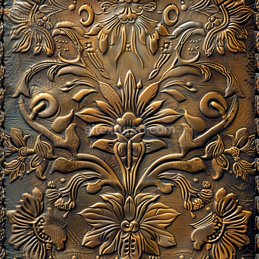 Seamless 3D Embossed Tooled Leather PBR Texture with Floral Patterns in Warm Brown