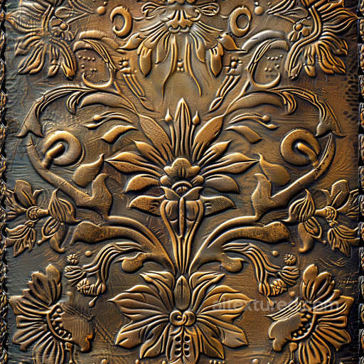Embossed Tooled Leather PBR Texture with Floral Patterns in Warm Brown seamless Leather PBR texture