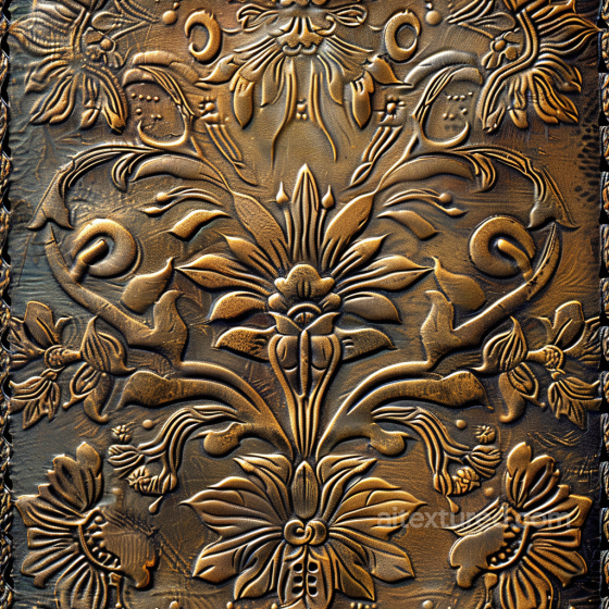 Embossed Tooled Leather PBR Texture with Floral Patterns in Warm Brown Leather texture preview