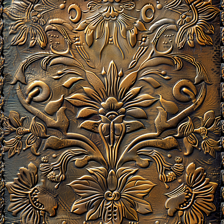 Embossed Tooled Leather with Floral Patterns in Warm Brown seamless PBR texture preview