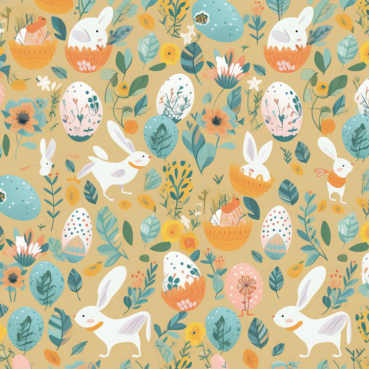 Easter Digital Paper with Bunnies, Eggs, and Floral Motifs seamless PBR texture preview
