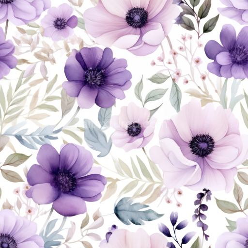 Seamless 3D PBR Texture of Soft Purple Flower Pattern with Leaves