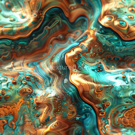 Seamless 3D PBR Texture Featuring Glossy Turquoise and Copper Swirling Patterns